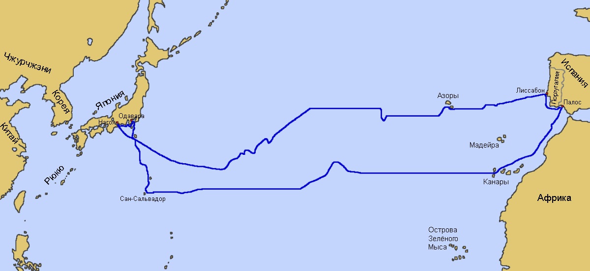 Карта маршрута первой экспедиции Колумба. 